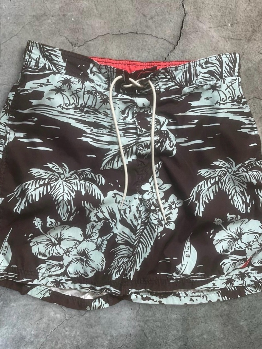 Nautica Brown Swim Trunks with Light Blue Tropical Print